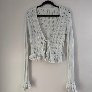 Tularosa Loose Knit Ruffle Hem Cotton Blend Tie Front Cardigan Beachy Boho Sz M